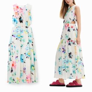 DESIGUAL Maxi Blurry Cut-out Dress White Multi-color Textured Bridal Wom…